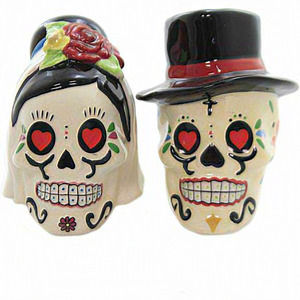 Ceramic Day‎ of the Dead Bride and Groom Skulls Pepper Shakers